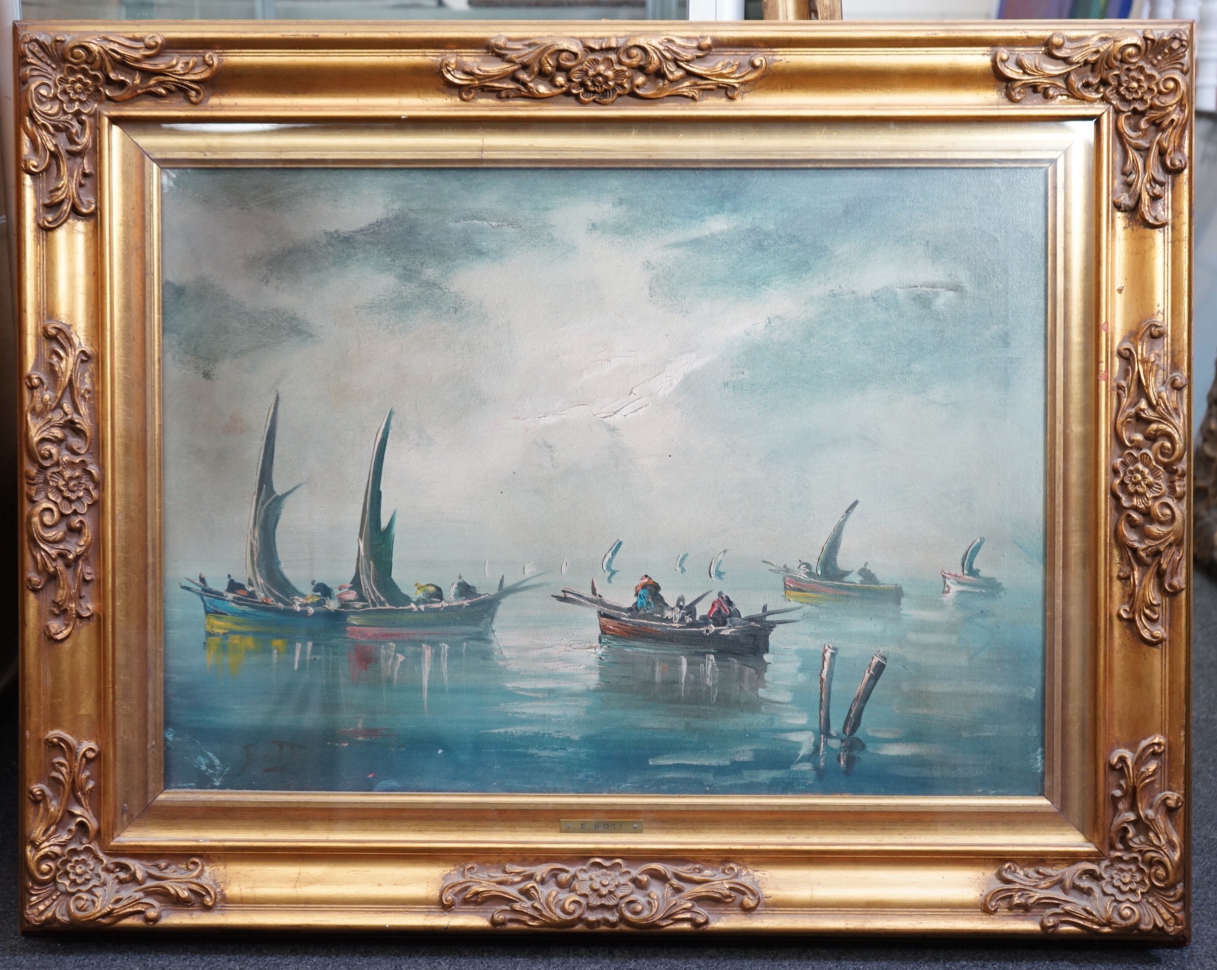 Emil Bott, oil on canvas, Fishing boats on a calm sea, initialled, 49 x 68cm. Condition - rip to the canvas upper right corner